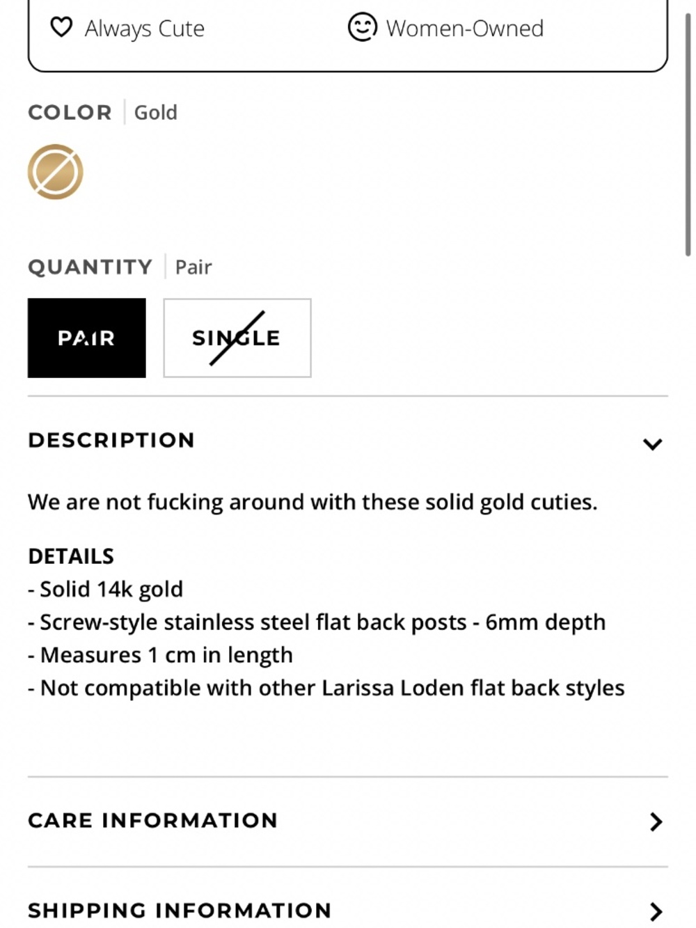 14k solid gold fu*k flat back earring - Picture 2 of 5